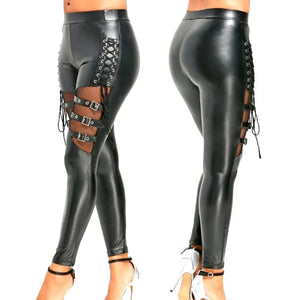 Women Leather Skinny Slim Trouser Gothic Punk Fishnet Trim Lace Pant