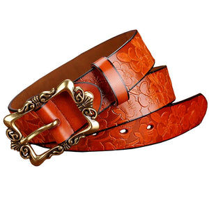 Fashion Wide Genuine leather belts for women Vintage Floral Pin buckle