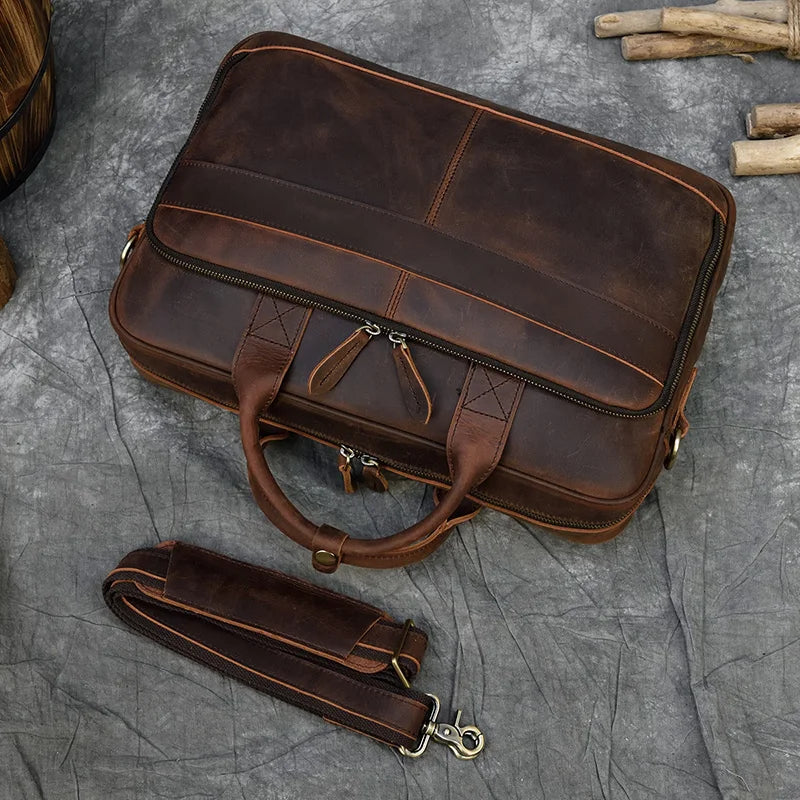Men Briefcase Genuine Leather Laptop Bag Fits For 15.6"  Laptop