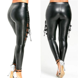 Women Leather Skinny Slim Trouser Gothic Punk Fishnet Trim Lace Pant