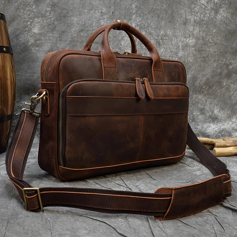 Men Briefcase Genuine Leather Laptop Bag Fits For 15.6"  Laptop