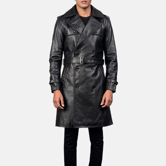 Men's Black Genuine Leather Duster Coat