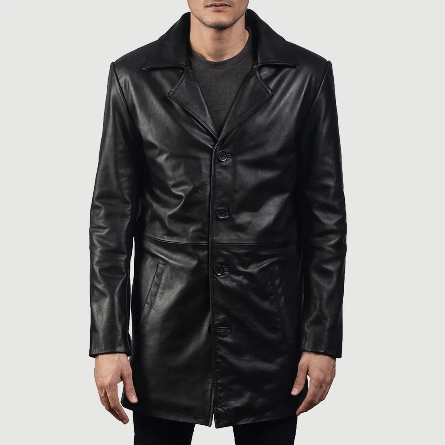 Men's Black Genuine Leather 3/4 Length Coat
