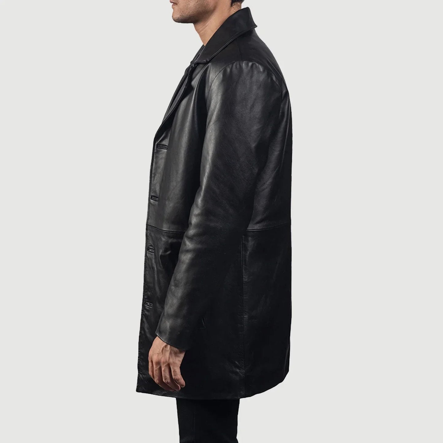 Men's Black Genuine Leather 3/4 Length Coat
