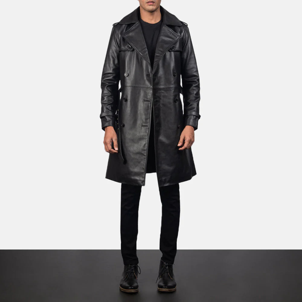 Men's Black Genuine Leather Duster Coat