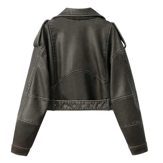 Women's washed leather jacket with belt vintage
