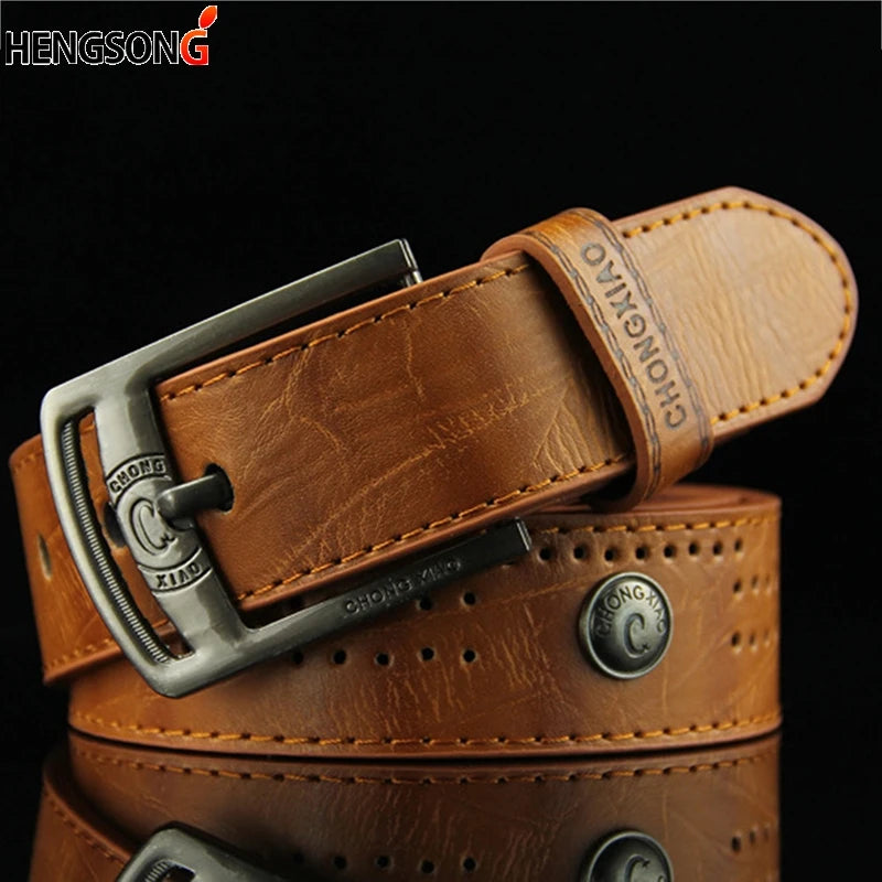 Men Casual Belt Hollow Rivet Punk Belt Wide PU Leather