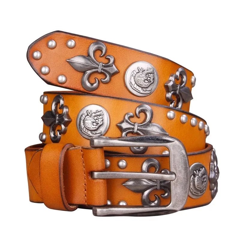 Men's High Quality Leather Belt Metal Rivet Cowboy Belt Top Grain Belt Punk