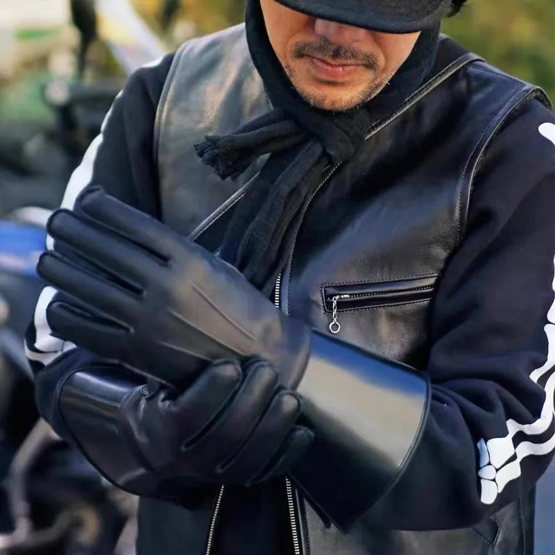 Mens Leather gloves Touch Screen Luxury Unlined Genuine Leather Long Sleeve Moto Gloves