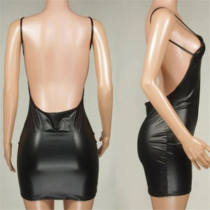 Women's Sexy Leather Dress Backless Club Party Short Dress