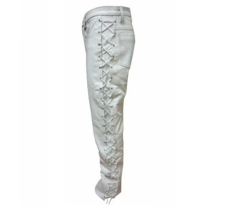 Men's White Leather Lace up Pants
