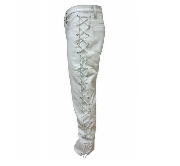 Men's White Genuine Leather Laced up trouser pants