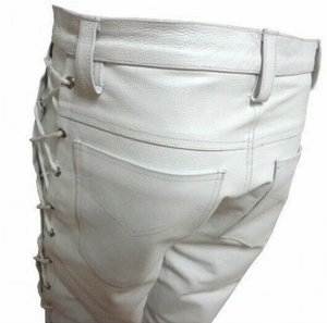 Men's White Genuine Leather Laced up trouser pants