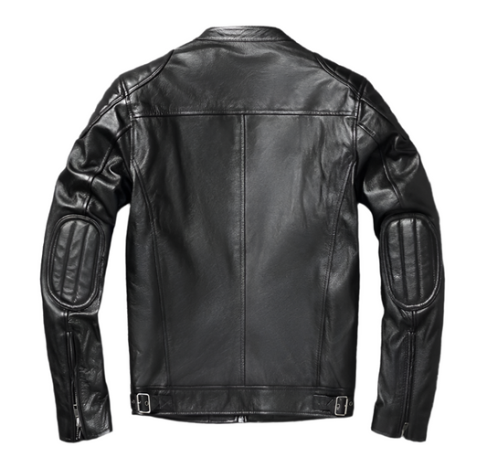 Men's Black Real Leather Racer Neck Jacket