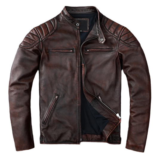 Men's Vintage Brown Leather Racer Neck Jacket