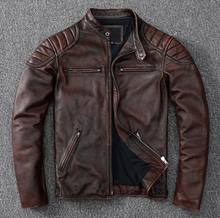 Load image into Gallery viewer, Men&#39;s Vintage Brown Real Leather Racer Neck Jacket
