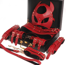 Indlæs billede til gallerivisning BDSM Bondage Restraint Kit Handcuffs Collar Wrist Ankle Leg Thigh cuffs Waist Belt Mask Sex Toys
