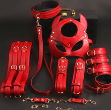 Indlæs billede til gallerivisning BDSM Bondage Restraint Kit Handcuffs Collar Wrist Ankle Leg Thigh cuffs Waist Belt Mask Sex Toys
