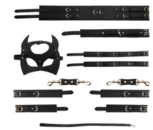 Indlæs billede til gallerivisning BDSM Bondage Restraint Kit Handcuffs Collar Wrist Ankle Leg Thigh cuffs Waist Belt Mask Sex Toys
