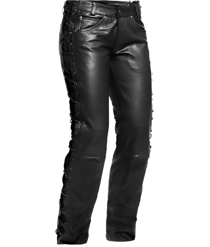 Men's Black Leather Lace Up Biker Pants