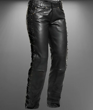 Indlæs billede til gallerivisning Men&#39;s Black Genuine Leather Laced Biker trouser pants
