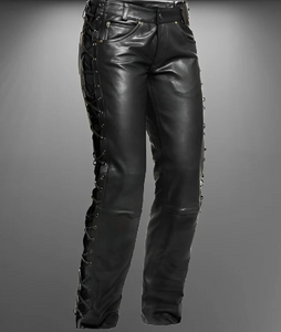 Men's Black Genuine Leather Laced Biker trouser pants