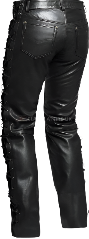 Men's Black Leather Lace Up Biker Pants