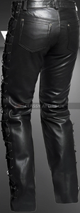 Men's Black Genuine Leather Laced Biker trouser pants