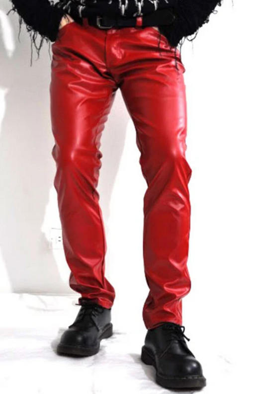 Men's Red Genuine Leather Pants Jeans
