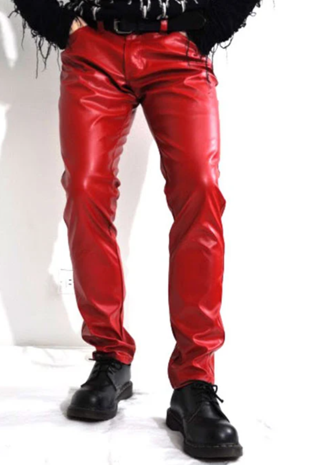 Men's Red Genuine Leather Pants Jeans