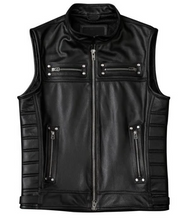 Load image into Gallery viewer, Men&#39;s Black Genuine Leather Motorcycle Vest
