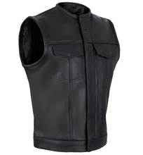 Lataa kuva Galleria-katseluun, Men&#39;s Black Cowhide Collarless Motorcycle Vest
