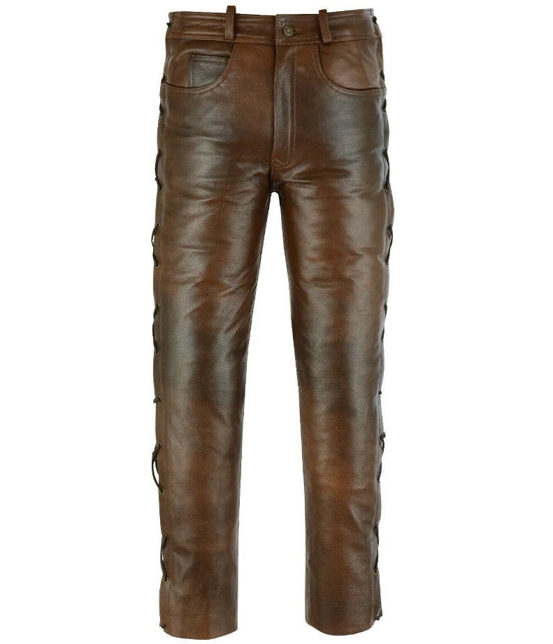Men's Vintage Brown Genuine Leather Laced Biker pants