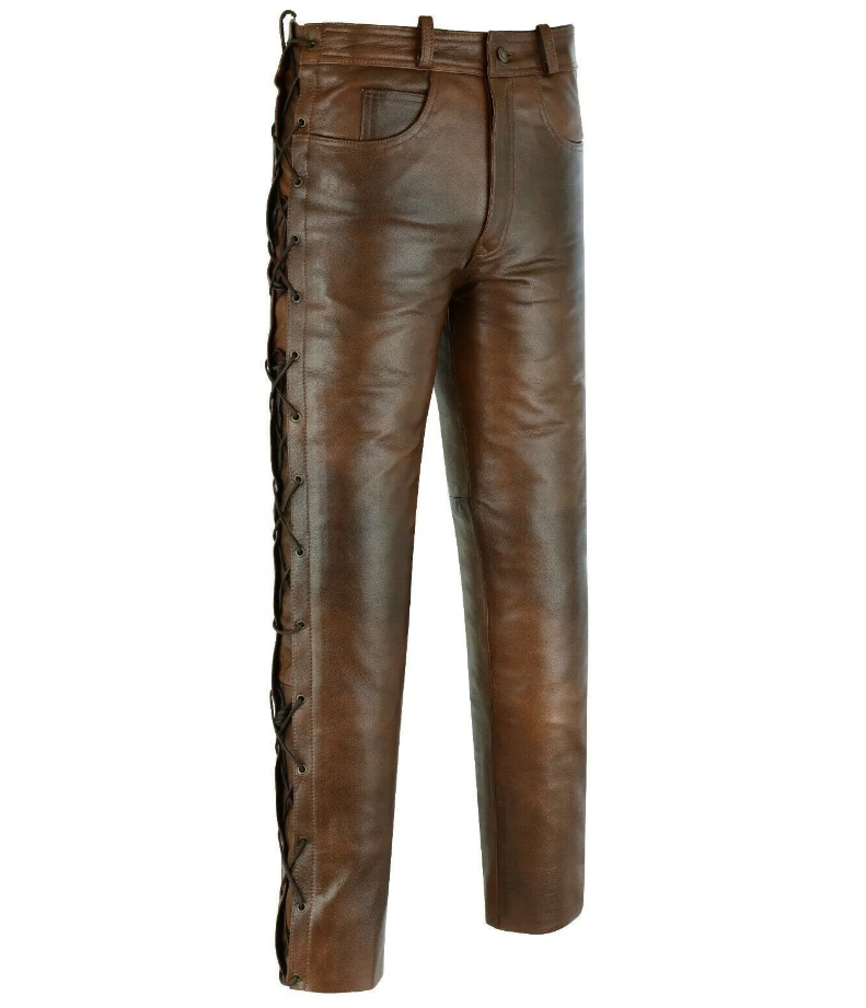 Men's Vintage Brown Genuine Leather Laced Biker pants