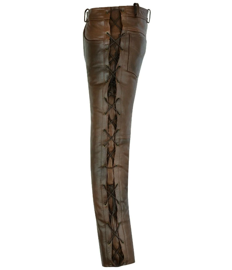 Men's Vintage Brown Genuine Leather Laced Biker pants