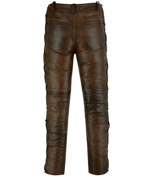 Men's Vintage Brown Genuine Leather Laced Biker pants