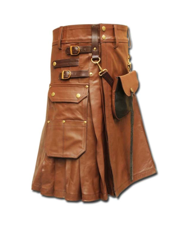 Men's Tan Leather Kilt With Sporran