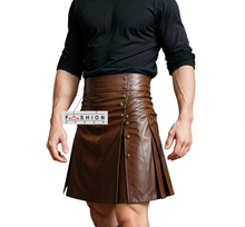 Load image into Gallery viewer, Men&#39;s Dark Brown Genuine Leather Pleated Kilt
