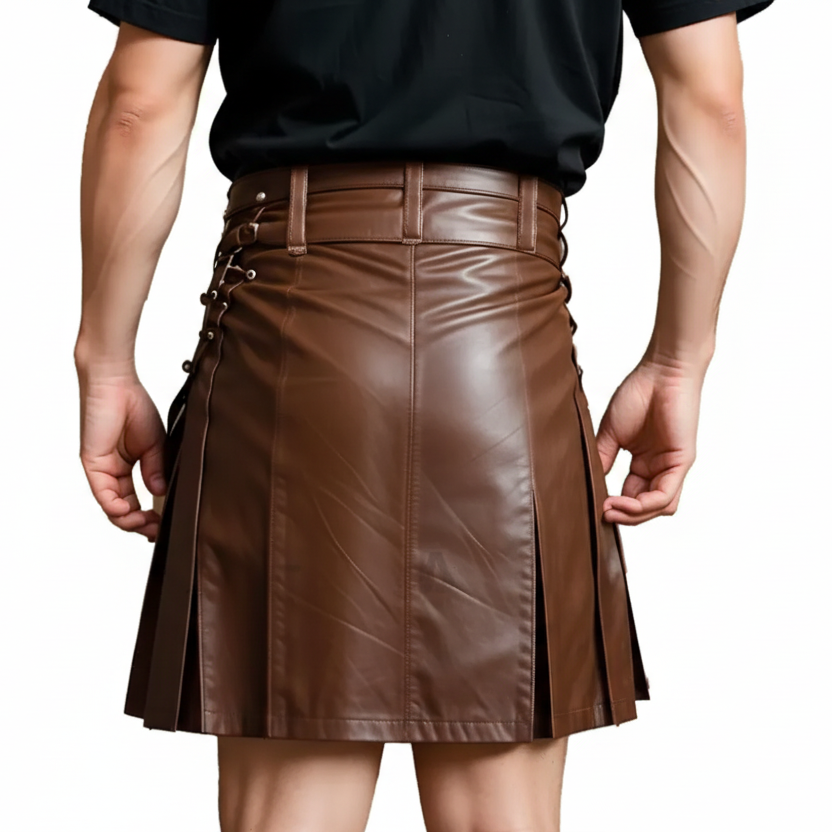 Men's Dark Brown Genuine Leather Pleated Kilt