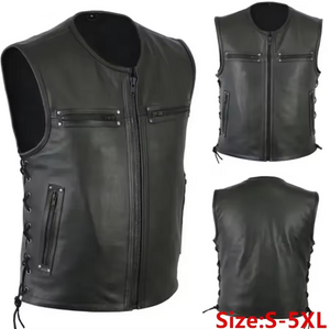 Men's Black Genuine Leather Laced Waistcoat Vest