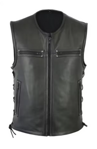 Men's Black Genuine Leather Laced Waistcoat Vest