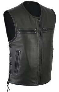 Men's Black Genuine Leather Laced Waistcoat Vest