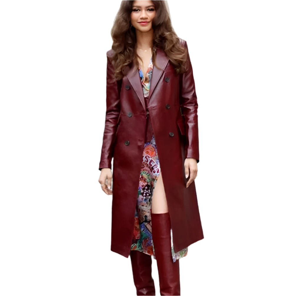 Women's Burgundy Double Breasted Leather Long Coat
