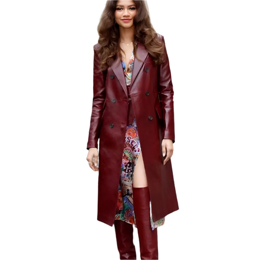 Women's Burgundy Double Breasted Leather Long Coat