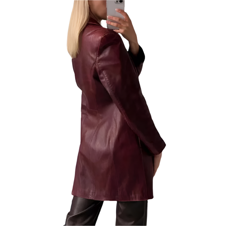 Women's Burgundy 3/4 Length Leather Coat