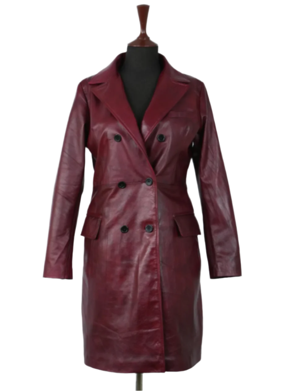 Women's Burgundy Leather Trench Coat