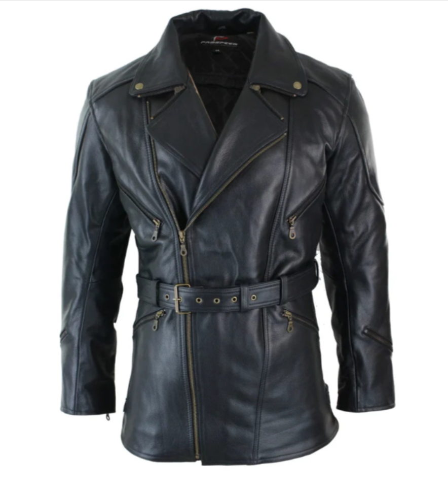 Men's Belted Black Leather Long Moto Jacket