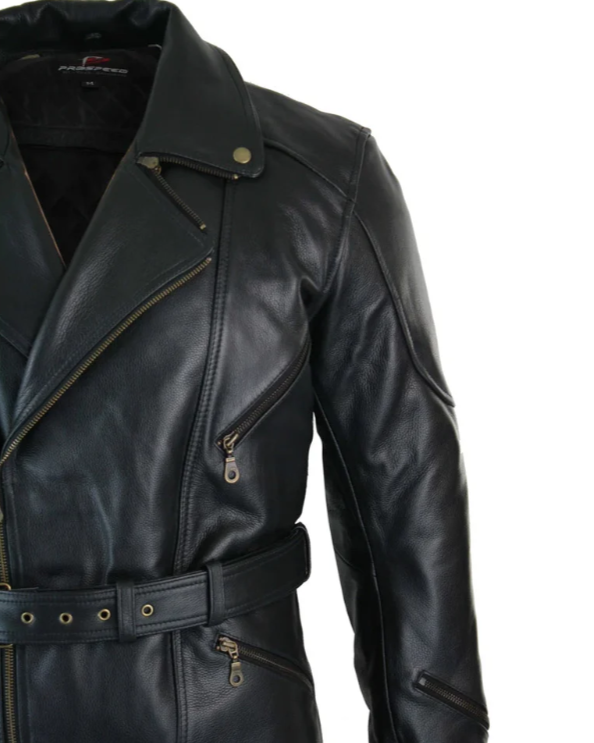 Men's Belted Black Leather Long Moto Jacket