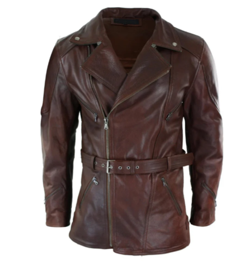Men's Belted Brown Leather Long Moto Jacket