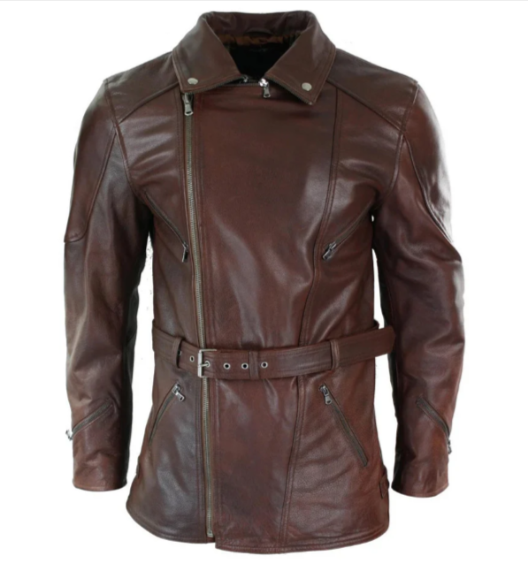 Men's Belted Brown Leather Long Moto Jacket
